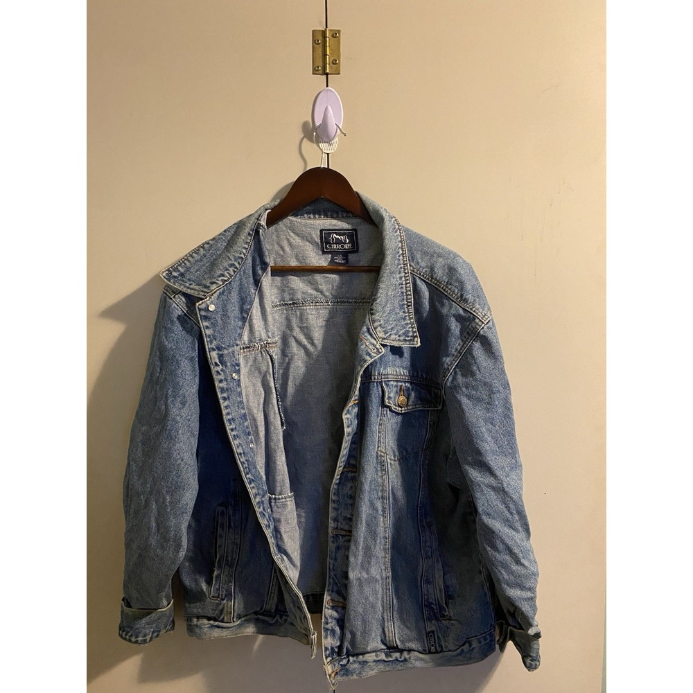 Cherokee Menโs Stone Wash Blue Denim Jean Jacket Size Large L Trucker Vintage